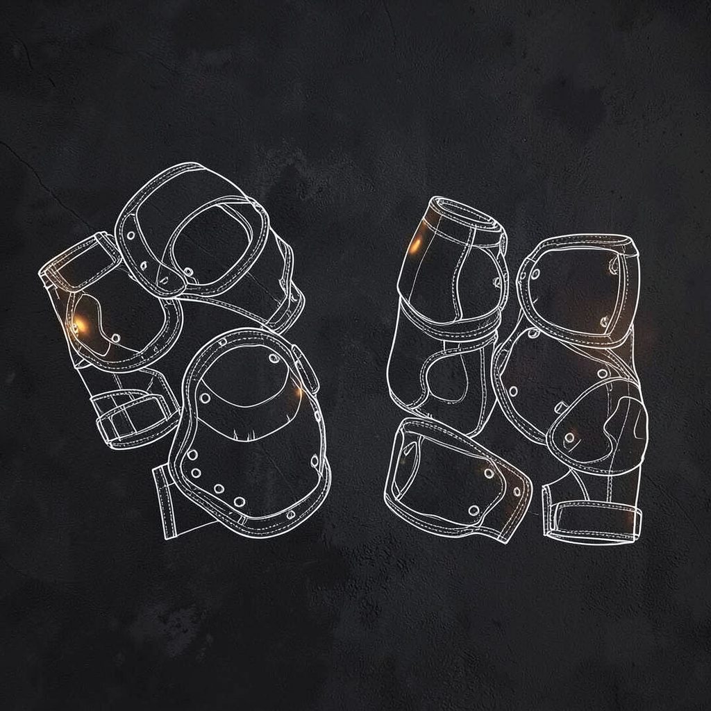 A set of knee and elbow protectors arranged on a dark textured surface, with subtle warm reflections highlighting the protective shells.