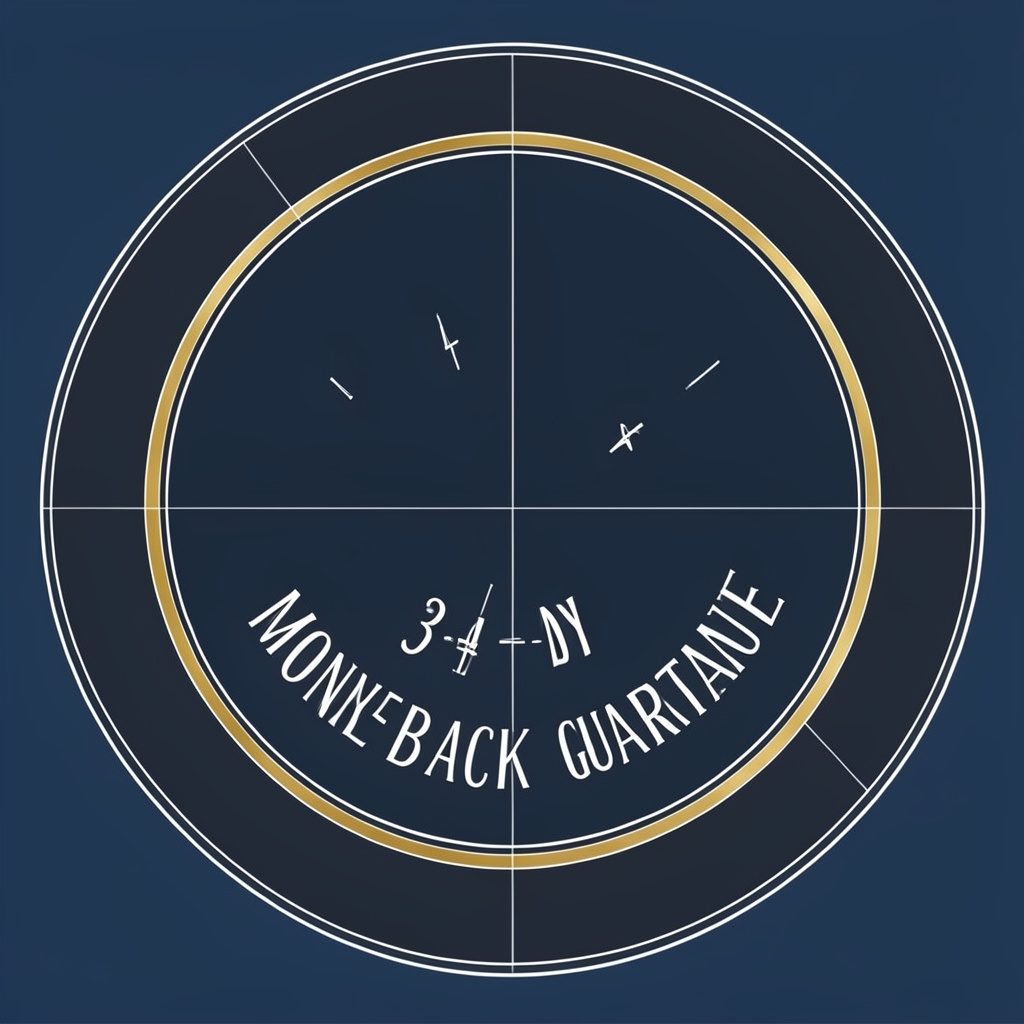 A circular badge icon representing a 30-day moneyback guarantee, in dark tones with a golden border.