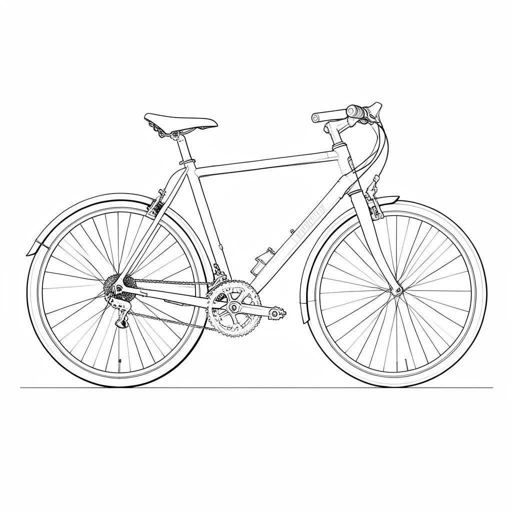 Square promotional graphic showing a cyclocross bicycle rendered as a technical blueprint sketch in sky-blue outline on black, with a bold yellow discount banner shape in the corner
